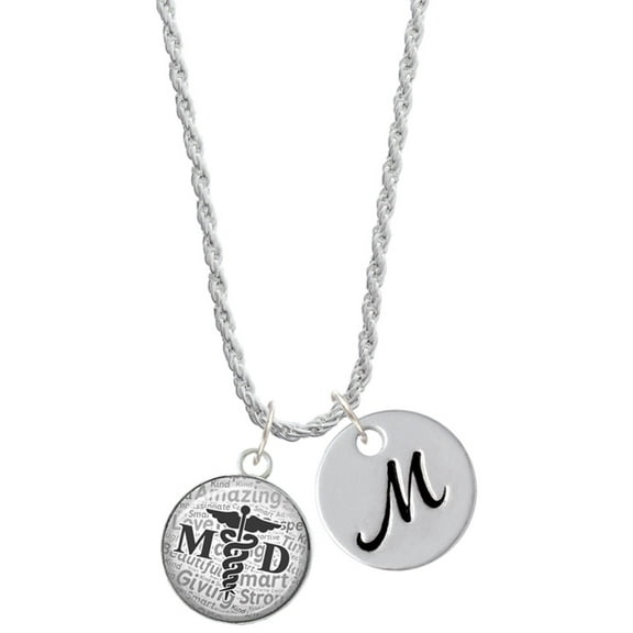 Delight Jewelry Silvertone Domed Black MD Silvertone Script Initial Disc - M - Charm Necklace, 20"+3"