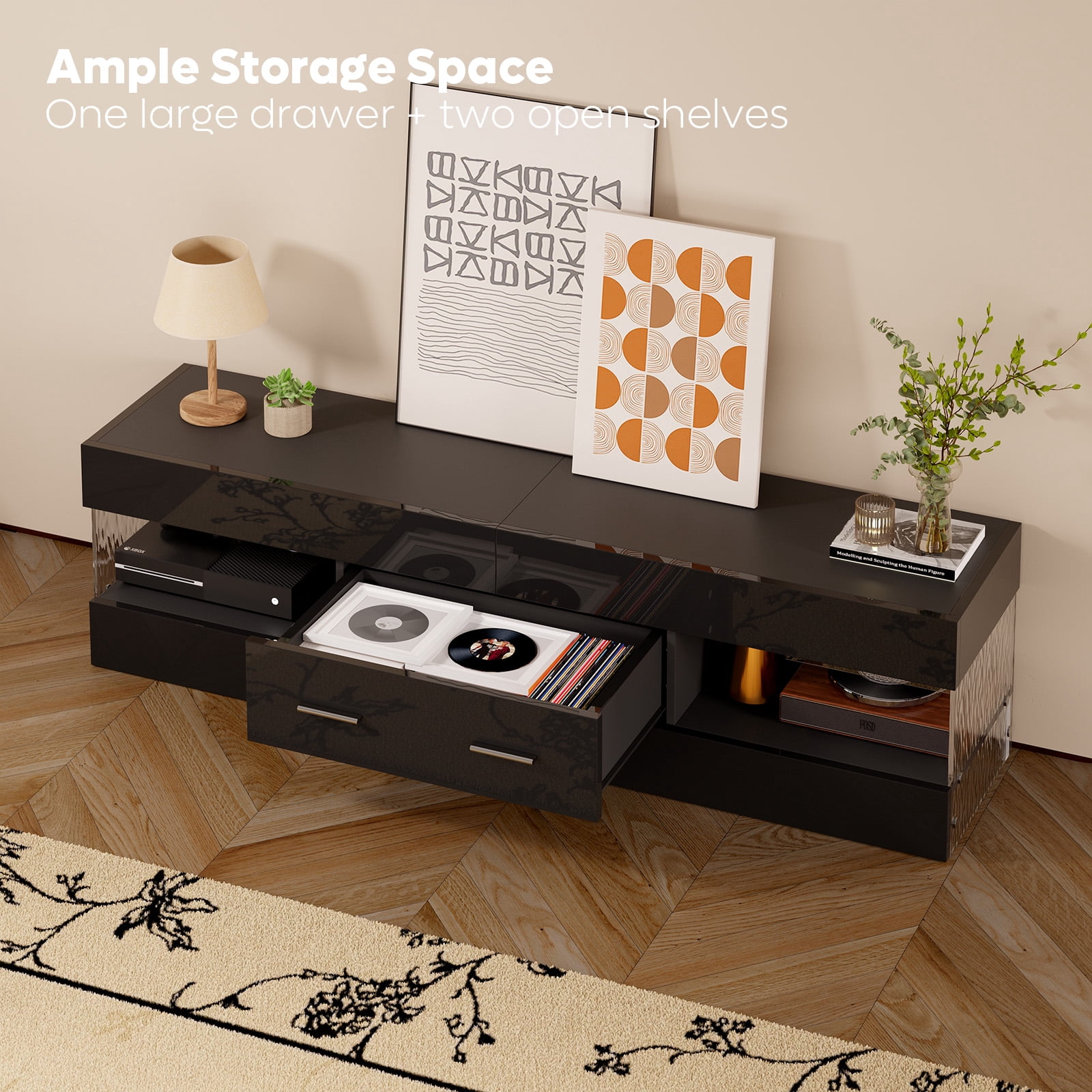 Bestier Black TV Stand for TVs up to 65", Modern Entertainment Center for TVs with LED Light, High Gloss TV Console Table with Storage Drawers