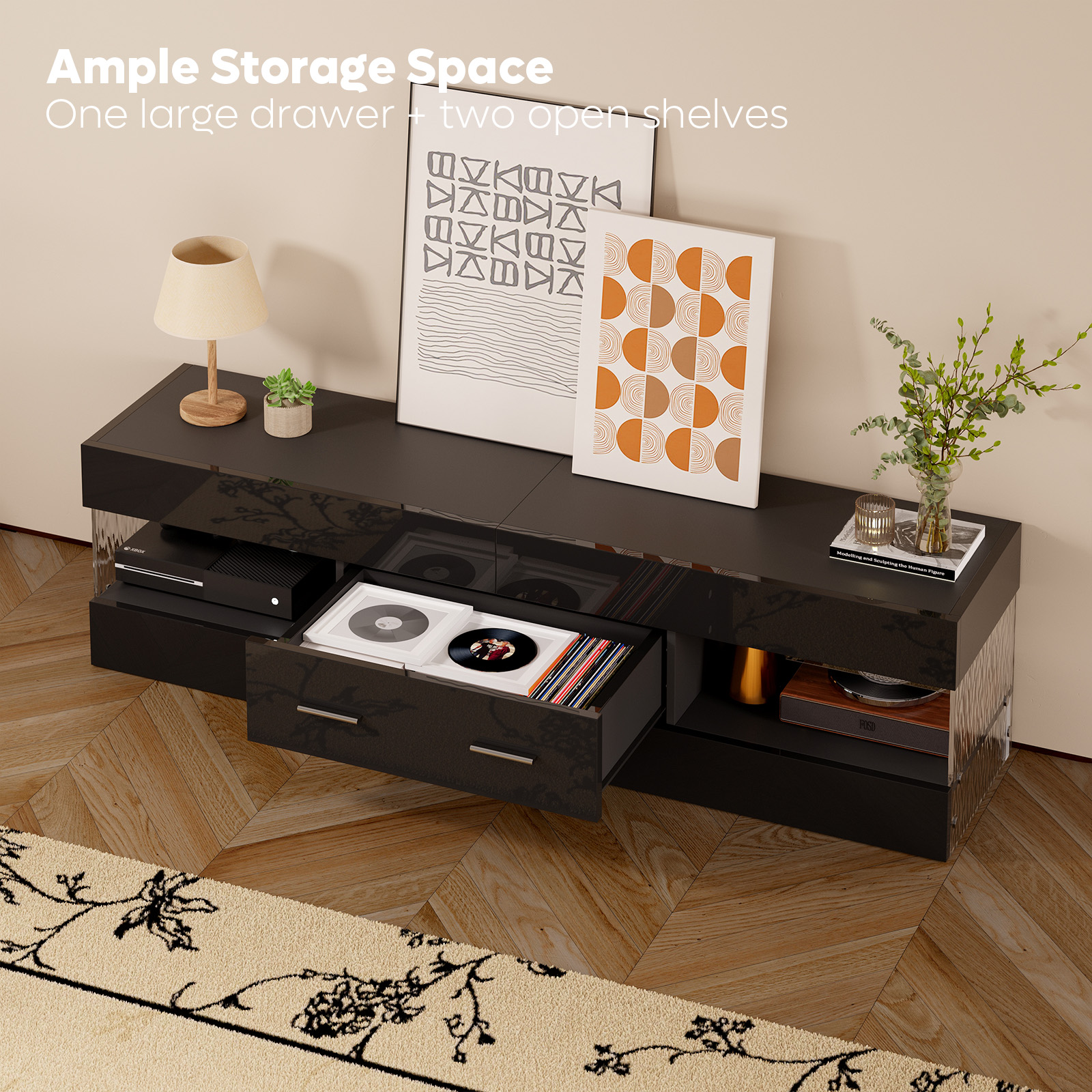 Bestier 70" Modern TV Stand with LED Lights, High Gloss Black photo 2