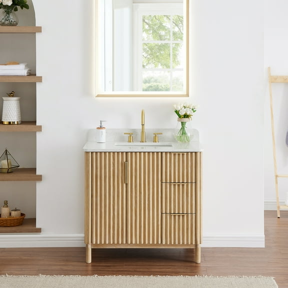 Sierra 36" Wood Vanity in Washed Light Brown Engineered Stone Top no Mirror