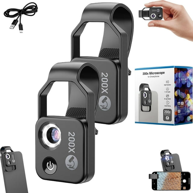 Qinux Zoomzip - 2025 New Zoomzip Smartphone Microscope - 200x Magnification Lens with CPL Lens/LED Light - Portable Pocket Digital Microscope Camera Attachments for Phone (Black*2)