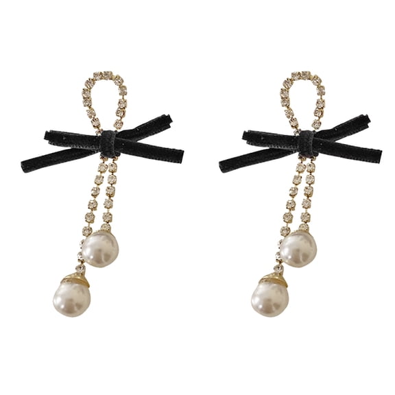 SUSHANG Bow Earrings Velvet Bow Stud Earrings Design Sense Festive Earrings with Earrings Female Velvet Bow Pearl Diamond Earrings Super Long Earrings Simple Fashion Earrings