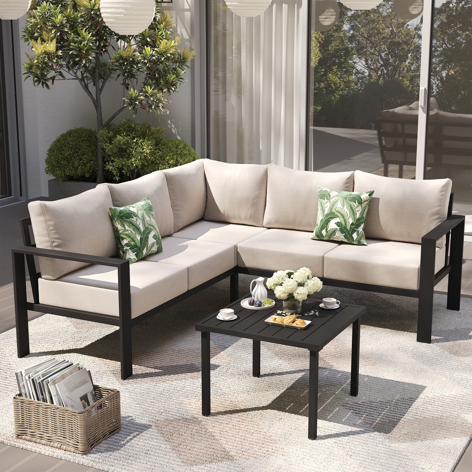 ELPOSUN 6 Pieces Patio Furniture Sets with 6" Thick Olefin Cushions, Metal Outdoor Sectional Furniture L Shape Patio Conversation Sets for Garden, Backyard, Black Frame, Beige