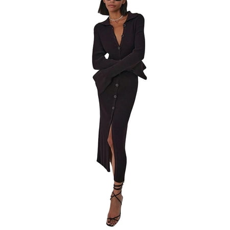 

Gureui Women s Dress Casual Solid Color Turn-Down Collar Long Sleeve Single-Breasted Slim Fit One-Piece Package Hip Spring Autumn Dresses Green/Dark Coffee/Rose Red/Khaki