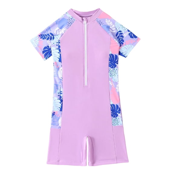 Fesfesfes Girls Floral Print Short Sleeve Zip Front 1Piece Swimsuit with Boyleg Bottom Quick Dry UV Protection Swimwear for Kids Beach Pool Play Active Rash Guard Swim Outfit(Purple,6-7 Years)
