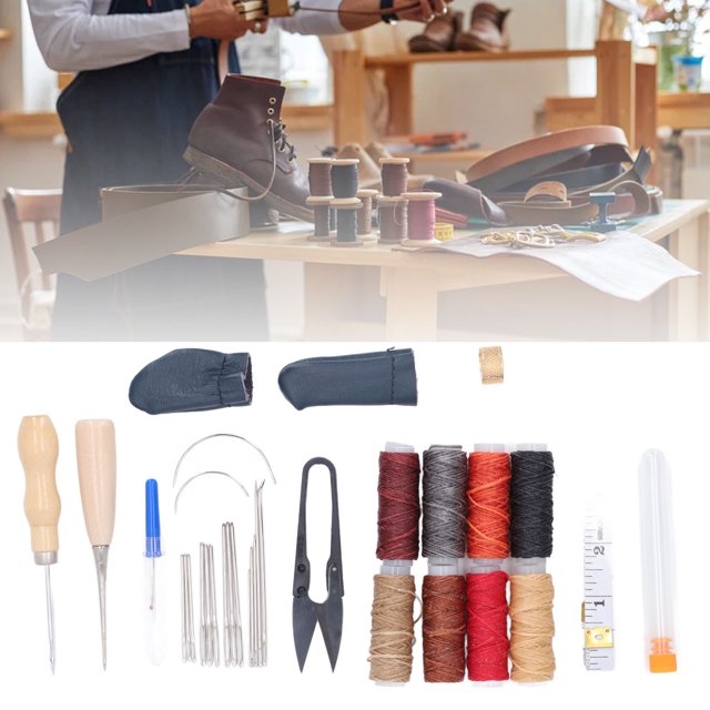 Leather Sewing Kit, All In One Leather Craft Tools Hand Made DIY Repair Kits 32Pcs For Stamping For Beginner