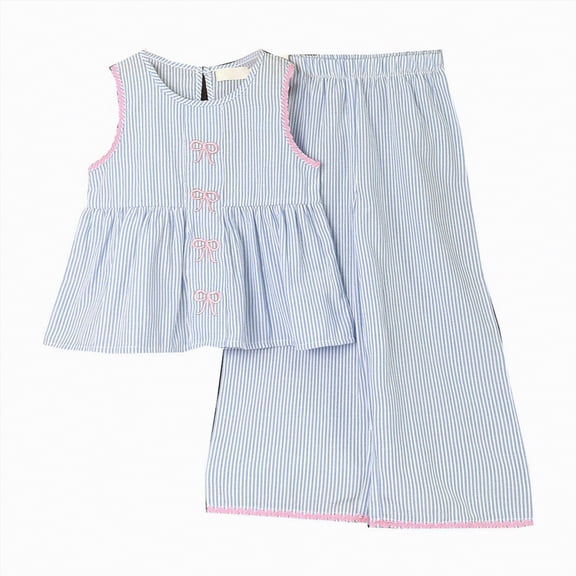 UngA Girl's 2 Piece Striped Outfits Bow Knot Ruffle Peplum Tank Top and Wide Leg Pants Set for Toddler Kids Summer Spring Clothes 4-5 Years,Blue