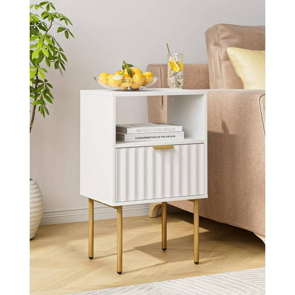 Nightstand,Bedside Table with Gold Frame,White Night Stand,Bedside Furniture, Modern Side Table with Drawer and Shelf for Bedroom,Living Room (White, Large)