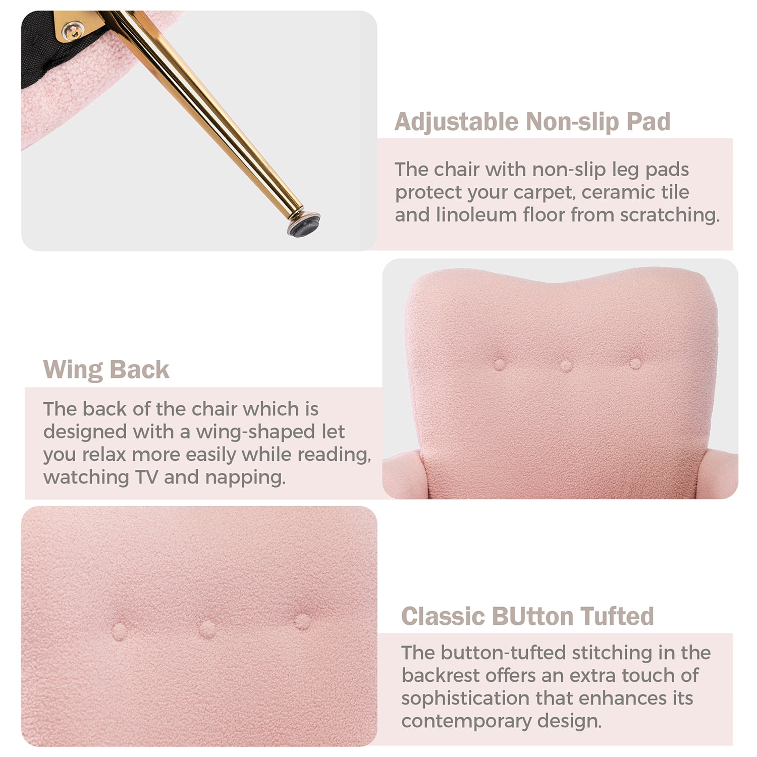 Kadyn Modern Teddy Short Plush Particle Armchair, Altay Velvet Accent Chair with Golden Metal Legs and High Back, Upholstered Accent Lounge Chair for Living Room, Pink