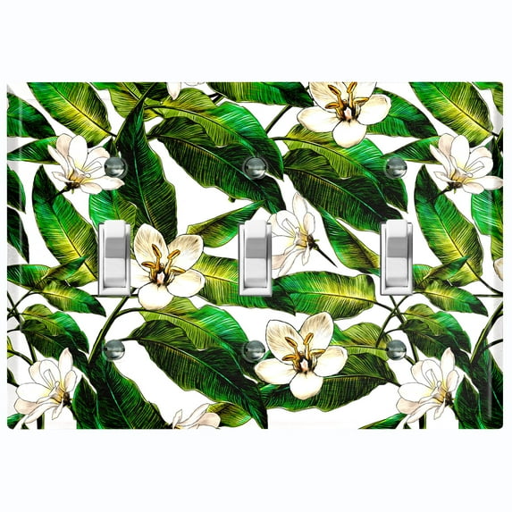 Metal Light Switch Plate Cover Plant Leaves White Flowers FLW052