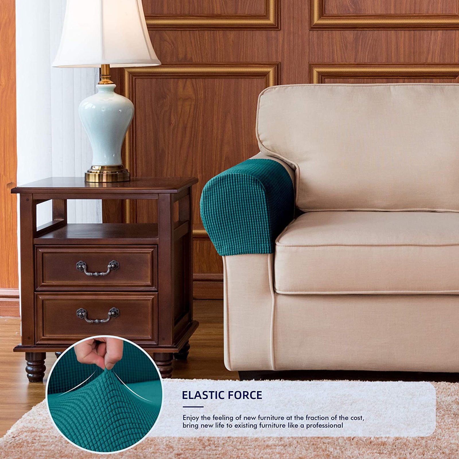 Stretch Armrest Covers, Anti-Slip Couch Arm Cover Spandex Armchair Slipcover for Recliner Sofa Washable Sofa Arm Protector with Twist Needle-Blue-green-2 pcs