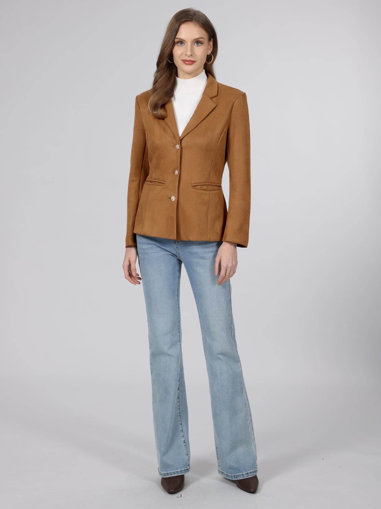 DARING DIVA Women's Faux Suede Blazer Lapel Collar Long Sleeve Jacket S Brown