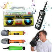 80s 90s Theme Party Decorations, Includes a Boom box, Inflatable Cell Phone, 2 Microphones, and a Hand Pump for Hip Hop Party Theme Supplies Cosplay Props (5pcs)