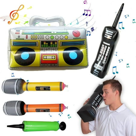 80s 90s Theme Party Decorations, Includes a Boom box, Inflatable Cell Phone, 2 Microphones, and a Hand Pump for Hip Hop Party Theme Supplies Cosplay Props (5pcs)