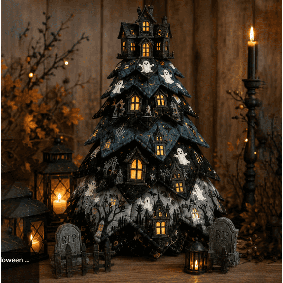 2026 DIY Halloween Quilted Fabric Tree Kit, 3D Layered Sewing Craft Set for Farmhouse Halloween Home Decor, Handmade Quilting Project Kit Haunted House