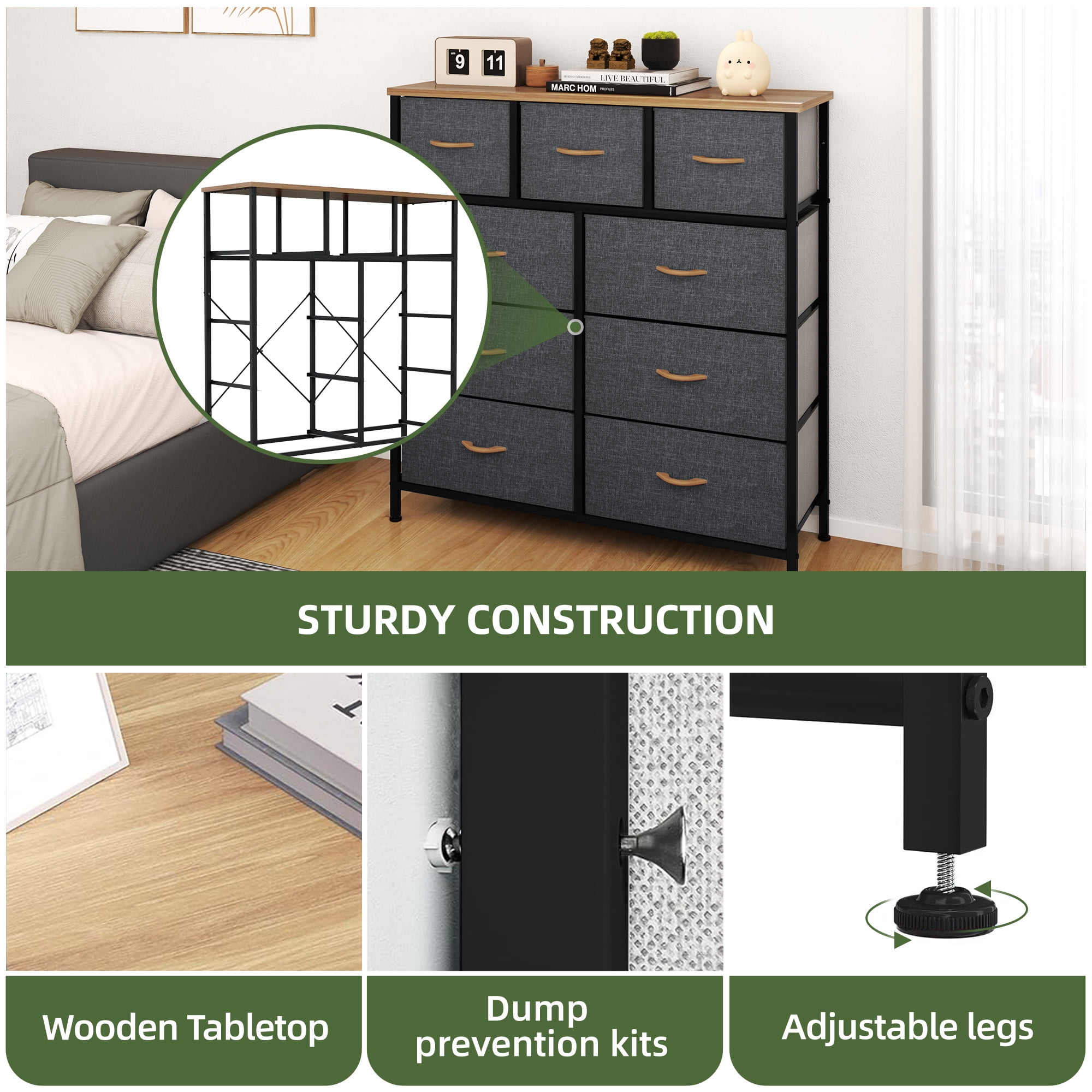 Uforic 9 Drawer Fabric Storage Dresser with Steel Frame for , Living Areas, Hallways, Closets, and Offices, Cool Gray