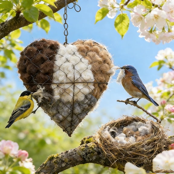 Handmade Fiber Bird Nesting Heart, Birds Nests Material Holder, Winter Tree Shelter for Wild Birds, Wool Nest Hummingbird Houses Art Birdhouse Outside Gifts for Birds Lovers