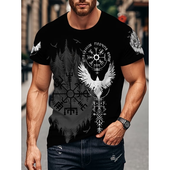 Black Viking Men's T-Shirt with 3D Digital Printing and Nordic Style, Summer Casual Fashion Thin Breathable Crew Neck Short Sleeves, Regular Version