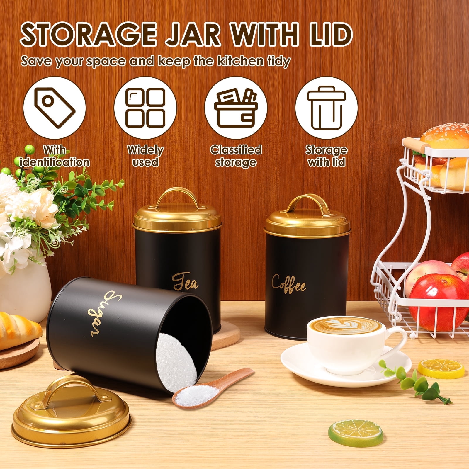 FUYGRCJ 3PCS Kitchen Canisters with Airtight Lid, Metal Coffee Sugar Tea Canisters Set, Airtight Metal Canister Tin Set, Food Storage Containers Jars, Rustic Kitchen Decor Containers for Countertop