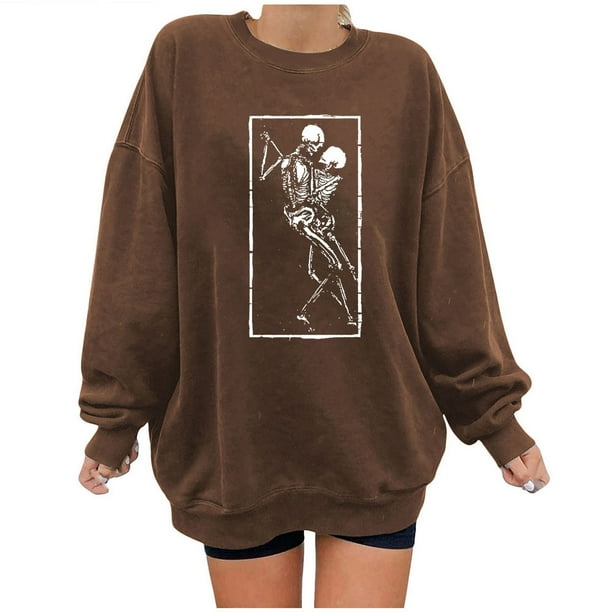 Sudadera Para Mujer Sudaderas de Otoño Estampado de Calavera Suelto Cuello Redondo Manga Larga Sudadera de Gran Tamaño de Lana Odeerbi ODB171577