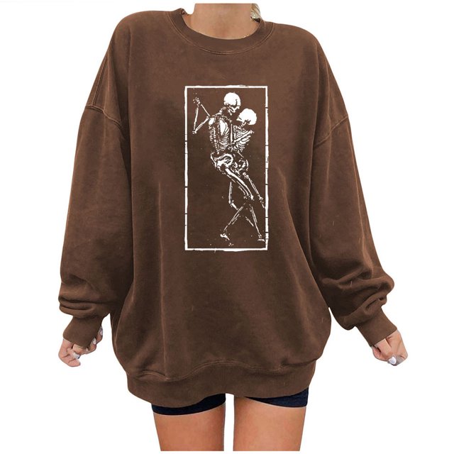 Sudadera Para Mujer Sudaderas de Otoño Estampado de Calavera Suelto Cuello Redondo Manga Larga Sudadera de Gran Tamaño de Lana Odeerbi ODB171575