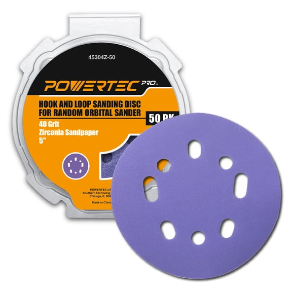 POWERTEC PRO 50PK, 5 Inch Sanding Discs Hook and Loop, 40 Grit, Zirconia Orbital Sander Sandpaper for 5 & 8 Hole Random Orbital Sanders - Automotive, Paint, Metal, Woodworking (45304Z-50)