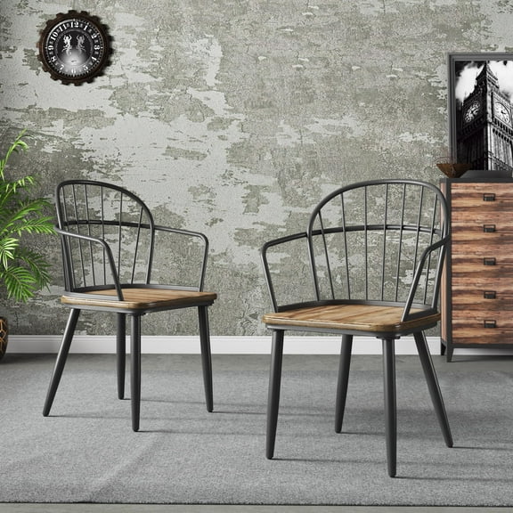 Industrial Dining Chairs with Arched Back, Wooden Seat, Matte Black Iron Base, Set of 2