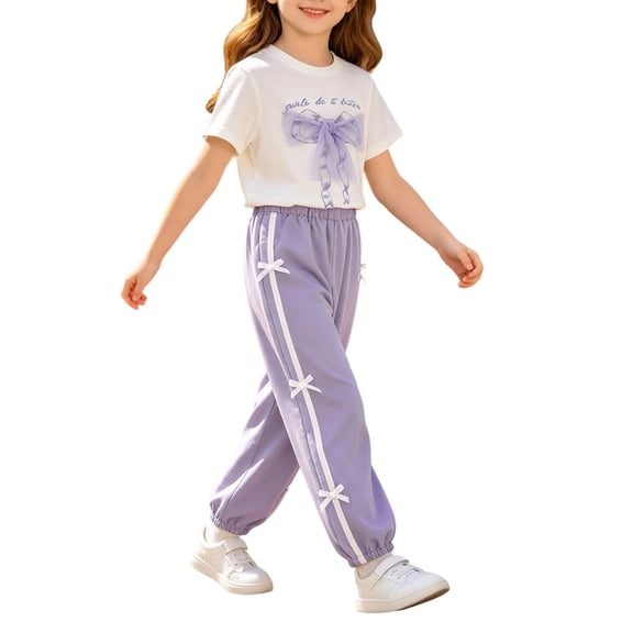Baby Girl Outfits 2 Piece Bowknot Print Short Sleeve Crew Neck T-Shirt And Cuffed Trousers Back-To-School Girls' Clothing Sets 4 Years-5 Years