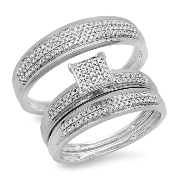 0.50 Carat (ctw) 18k Gold Round Diamond Men's & Women's Micro Pave Trio Bridal Wedding Band Set 1/2 CT