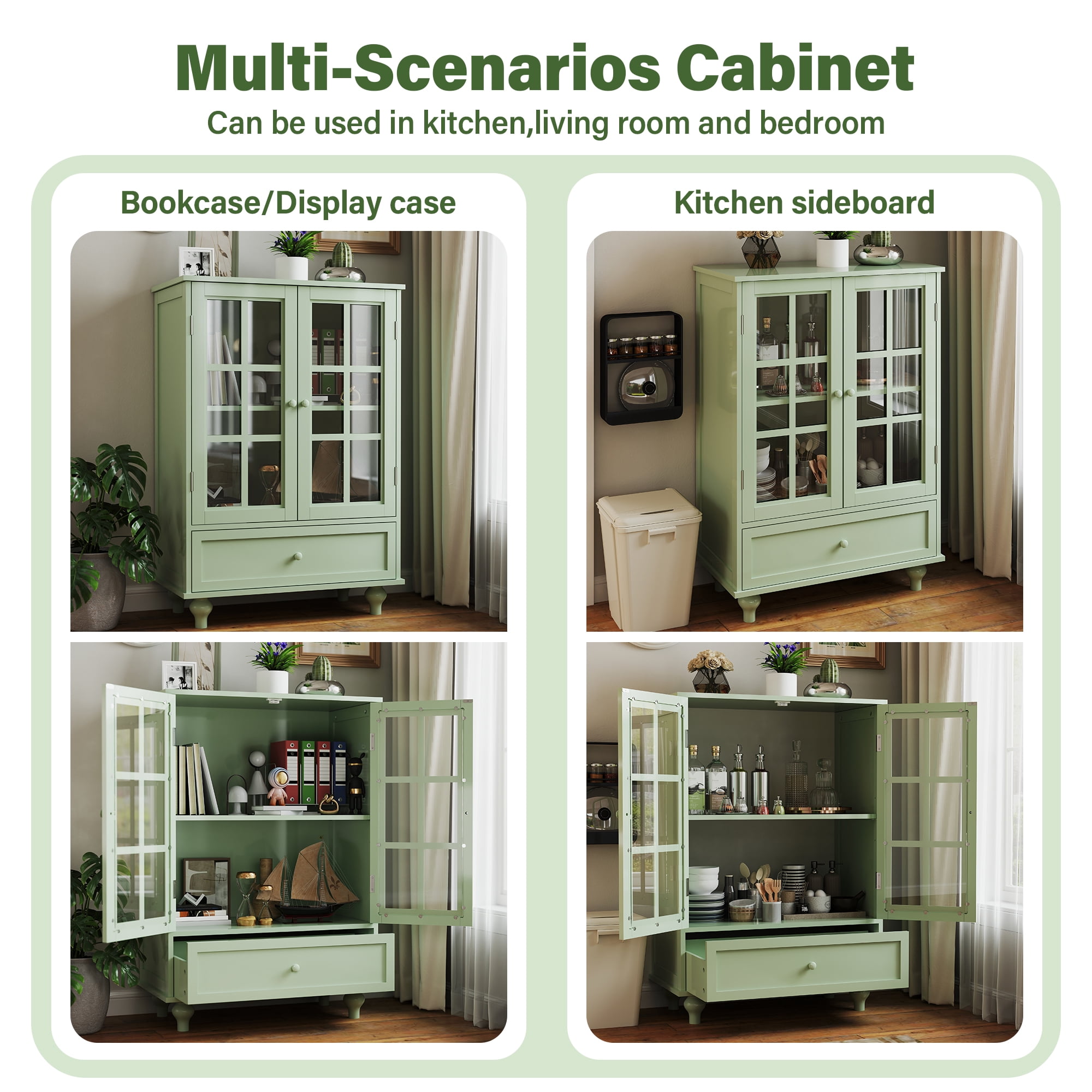 Aukfa Buffet Pantry Cabinet,2 Doors Wood Sideboard Storage Cabinet for Dining Room Hallway Entryway,Green