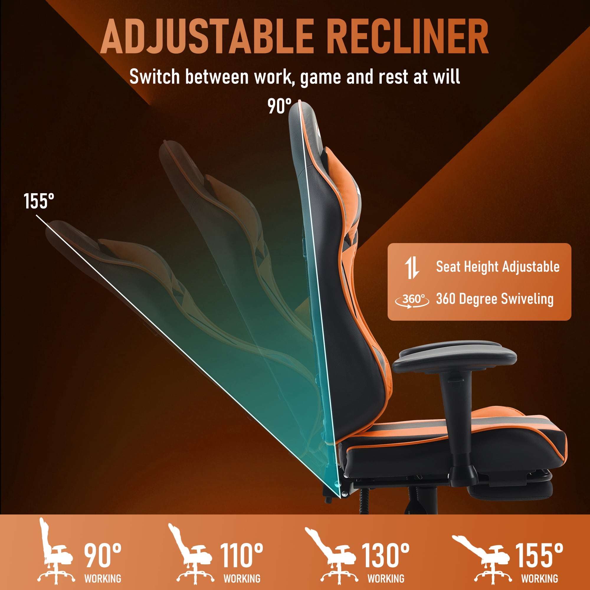 JONPONY Big and Tall 500LBS Gaming Chair with Footrest and Lumbar Support, High Back Ergonomic Recliner,Height Adjustable Leather Computer Desk Chair for Home Office, Orange