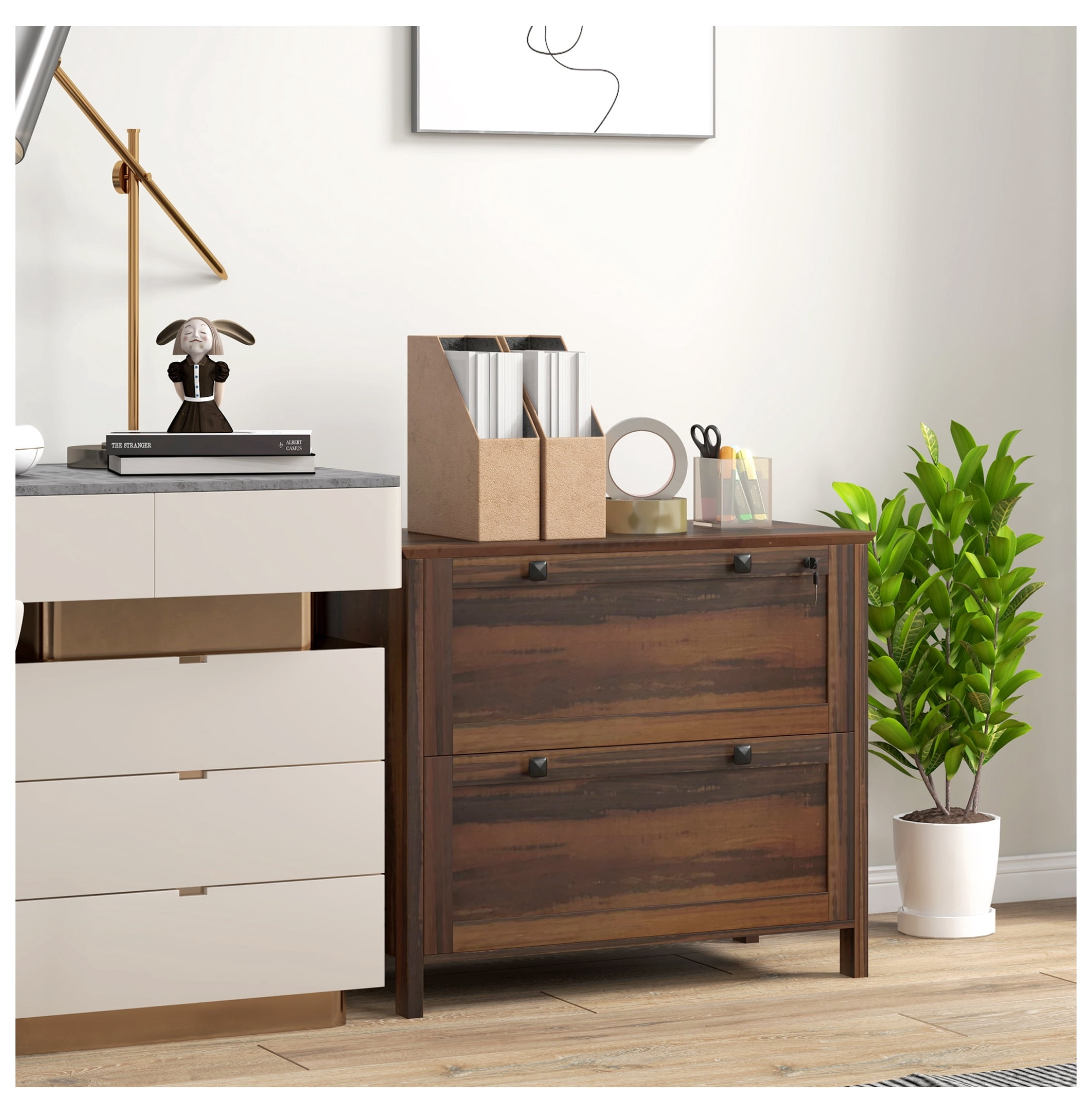 2 Drawer File Cabinet with Lock, Lateral Filing Cabinet with Keys and Adjustable Hanging Bar for Letter, A4 and Legal Size, File Cabinet for Home Office, Brown Brown + Particle Board