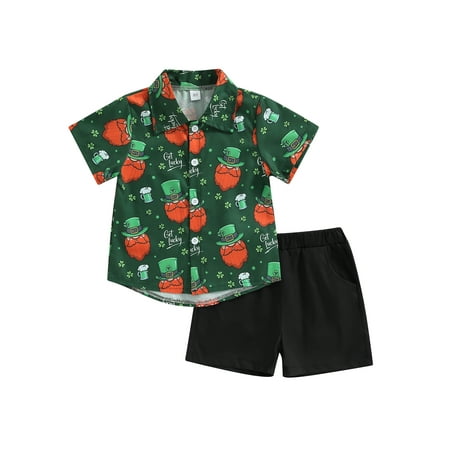 

Calsunbaby St. Patrick s Day Toddler Boy Gentleman Clothes Sets 2Pcs Green Clover Print Short Sleeve Shirt Shorts 12-18 Months