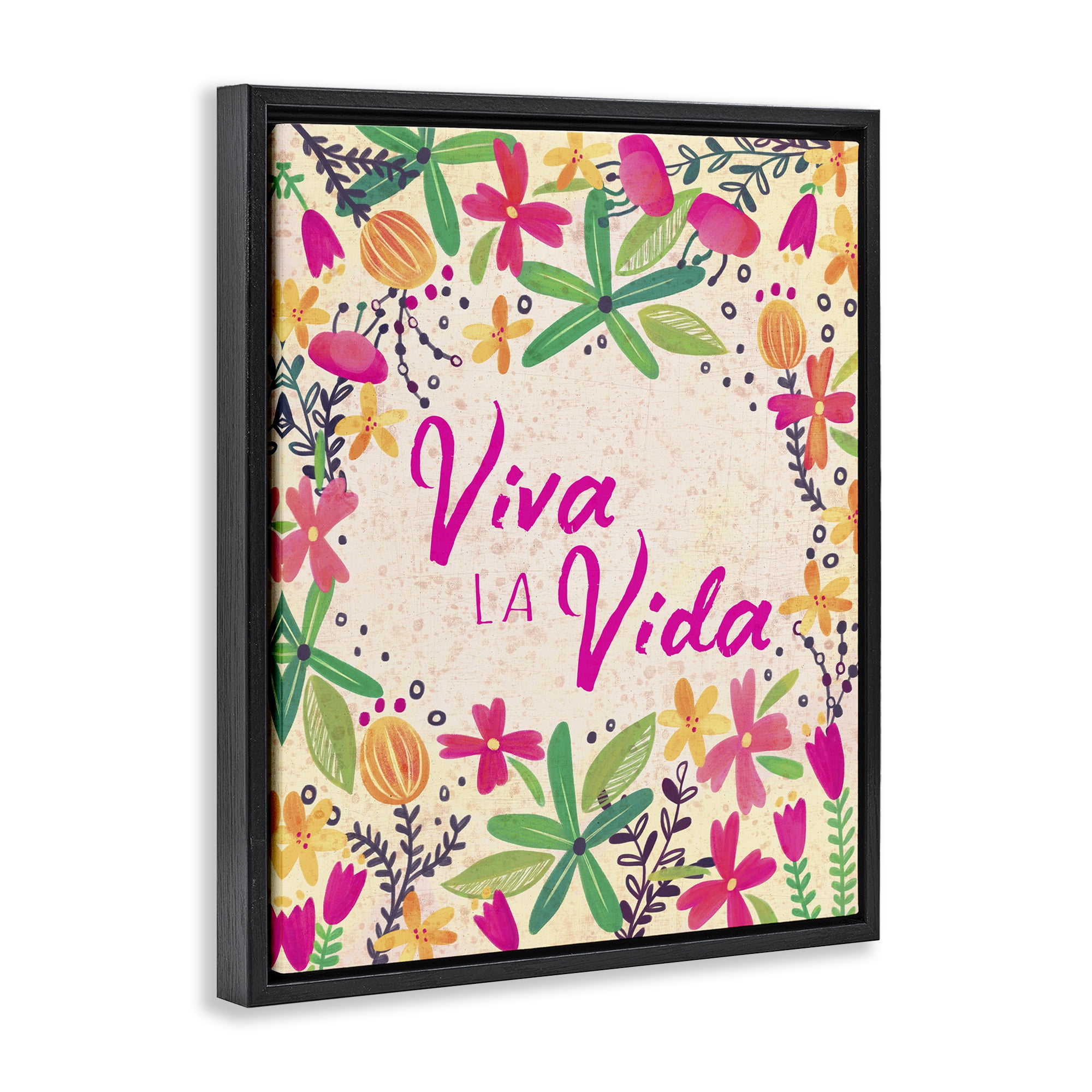 Stupell Industries Viva la Vida Flores Tropicales Inspirational Quotes & Sayings Painting Black Floater Framed Art Print Wall Art, 25 x 31