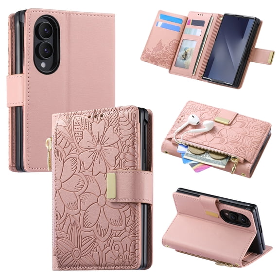 Flower Embossed Design Wallet Case for Samsung Galaxy Z Fold8, Fashion PU Leather Card Holders   Zipper Pocket   Cash Compartment   Magnetic Clasp Kickstand Phone Cover, Rosegold