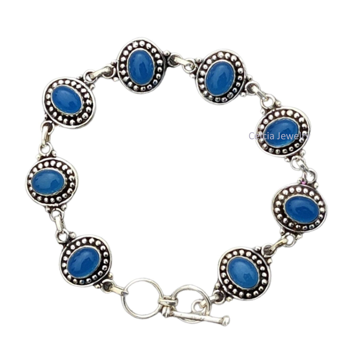 Handmade Blue Larimar Gemstone Bracelet, 925 Sterling Silver, Bezel Set, 7-8 Inches, Unisex