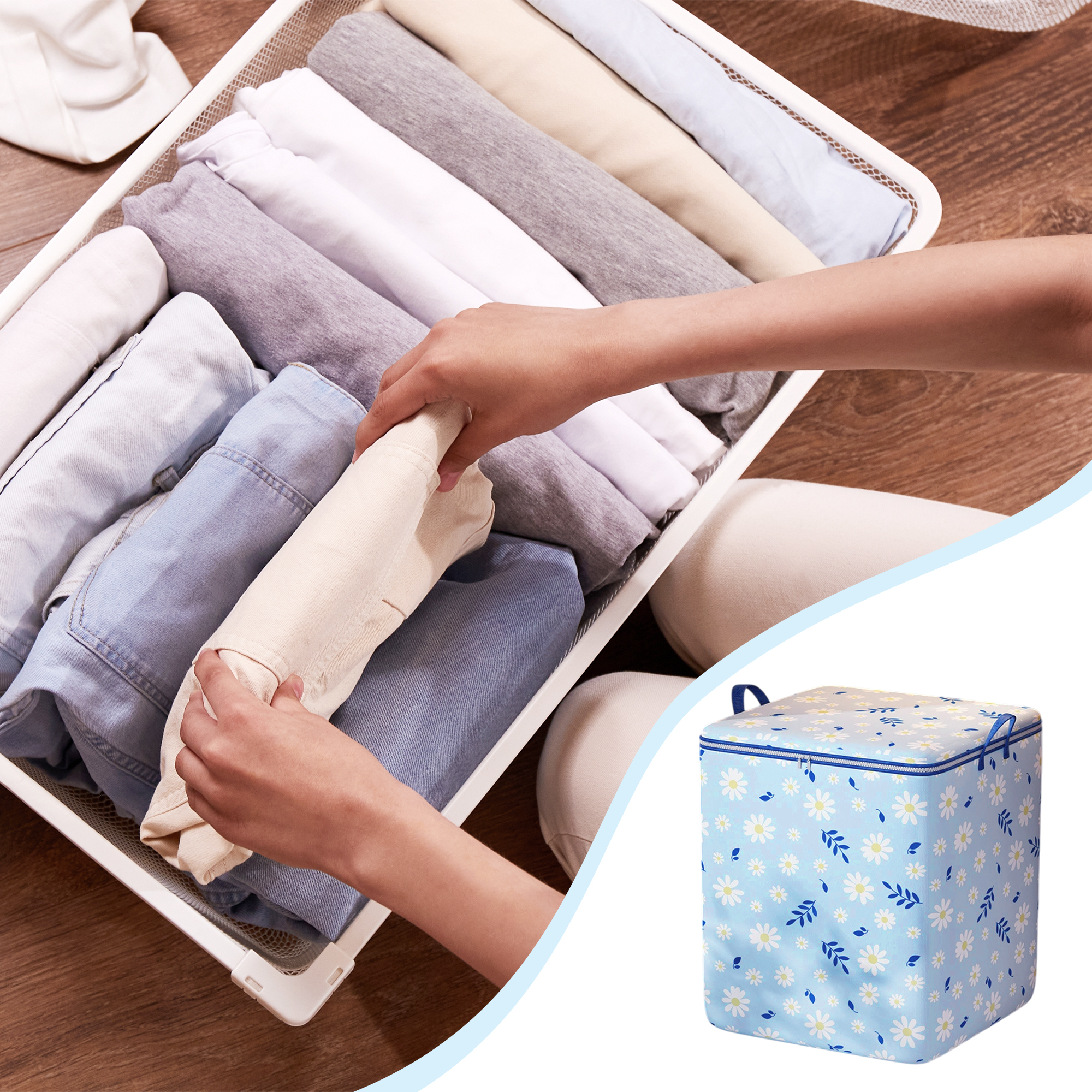 Unique Bargains Daisies Pattern Storage Bag Storage Bins 1 Pc Blue 19.69"x15.75"x19.69"
