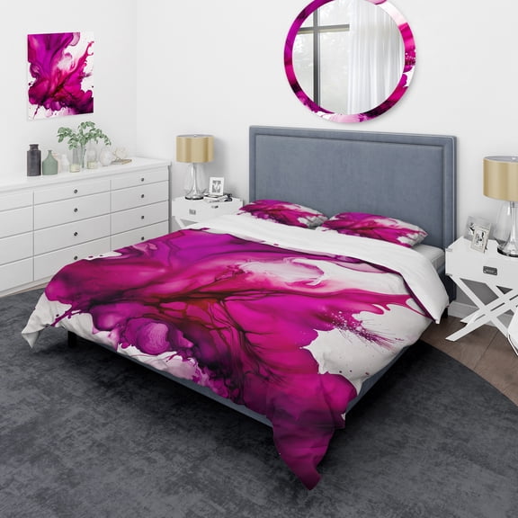 Designart "Ancient Enigma in Vivid Magenta II" Abstract Liquid Ink Bedding Covert Set - Modern Pink Abstract Bed Set With 2 Shams