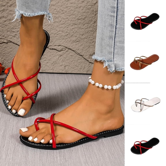Miluxas Women's Metallic Open Toe Ring Sandals Summer Strappy Flat Sandals Silver 9.5(43)