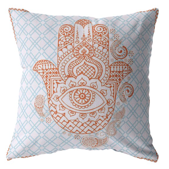 Hamsa Indoor/Outdoor Pillow with Removable Cover in Orange on Blue18x18