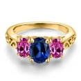 thumbnail image 3 of Gem Stone King 18K Yellow Gold Plated Silver Blue Created Sapphire and Pink Created Sapphire Filigree Style 3 Stone Ring for Women (2.60 Cttw, Oval 8X6MM and 6X4MM) (Size 6), 3 of 6
