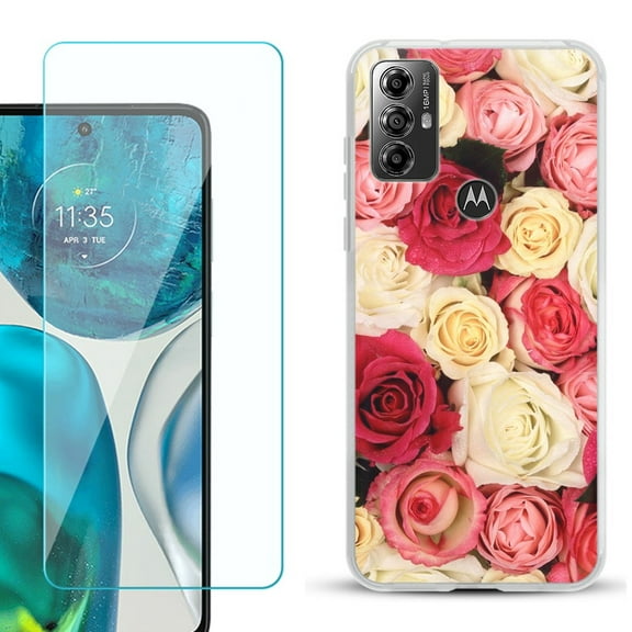 OneToughShield ® for Motorola Moto G Play 2023 Shockproof Fashion Phone Case, with Tempered Glass Screen Protector - Rose Bouquet
