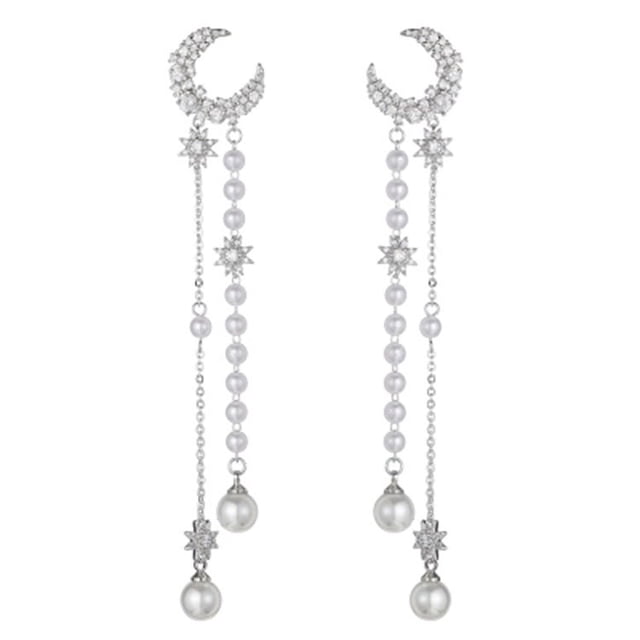 Pendientes largos con personalidad de estrella y Luna, pendientes de perlas con borlas de circonio populares, Súper Hada con temperamento de aguja de plata 925 Sailing Electrónica