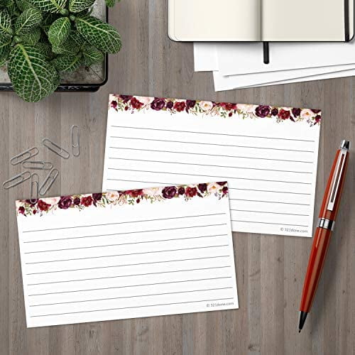 321Done Floral Ruled Index Cards - Made in USA – Small 3x5 (Set of 50),  Narrow-Ruled Lined Notecards Double-Sided, Thick Heavy Duty Cardstock, Cute