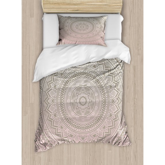 Mandala Duvet Cover Set Twin Size, Floral Mandala Design with Ethnic Themes Native South East Asian Folk, Decorative 2 Piece Bedding Set with 1 Pillow Sham, Pale Pink White Beige, by Ambesonne