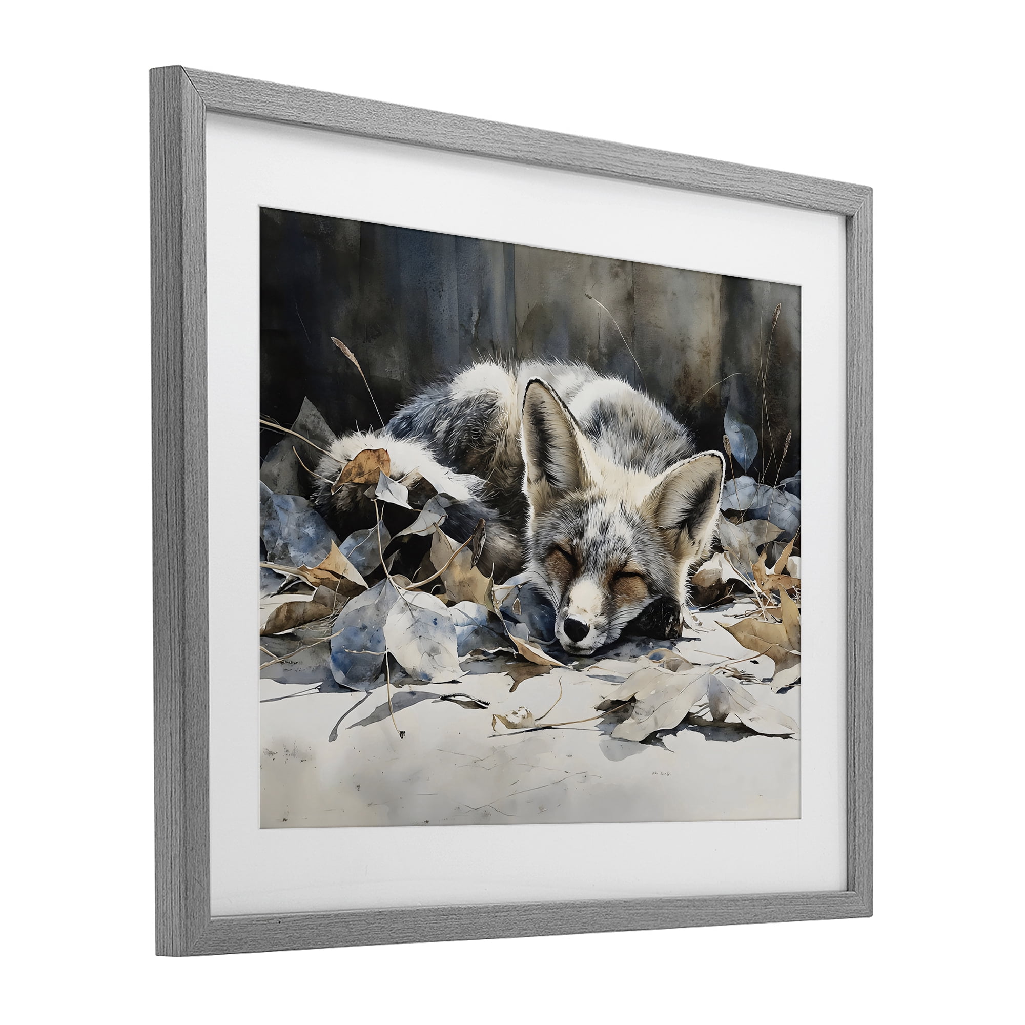 Stupell Industries Blue Fox Resting Among Leaves Gray Framed Print Under Glass, design by Franklyn Gregory