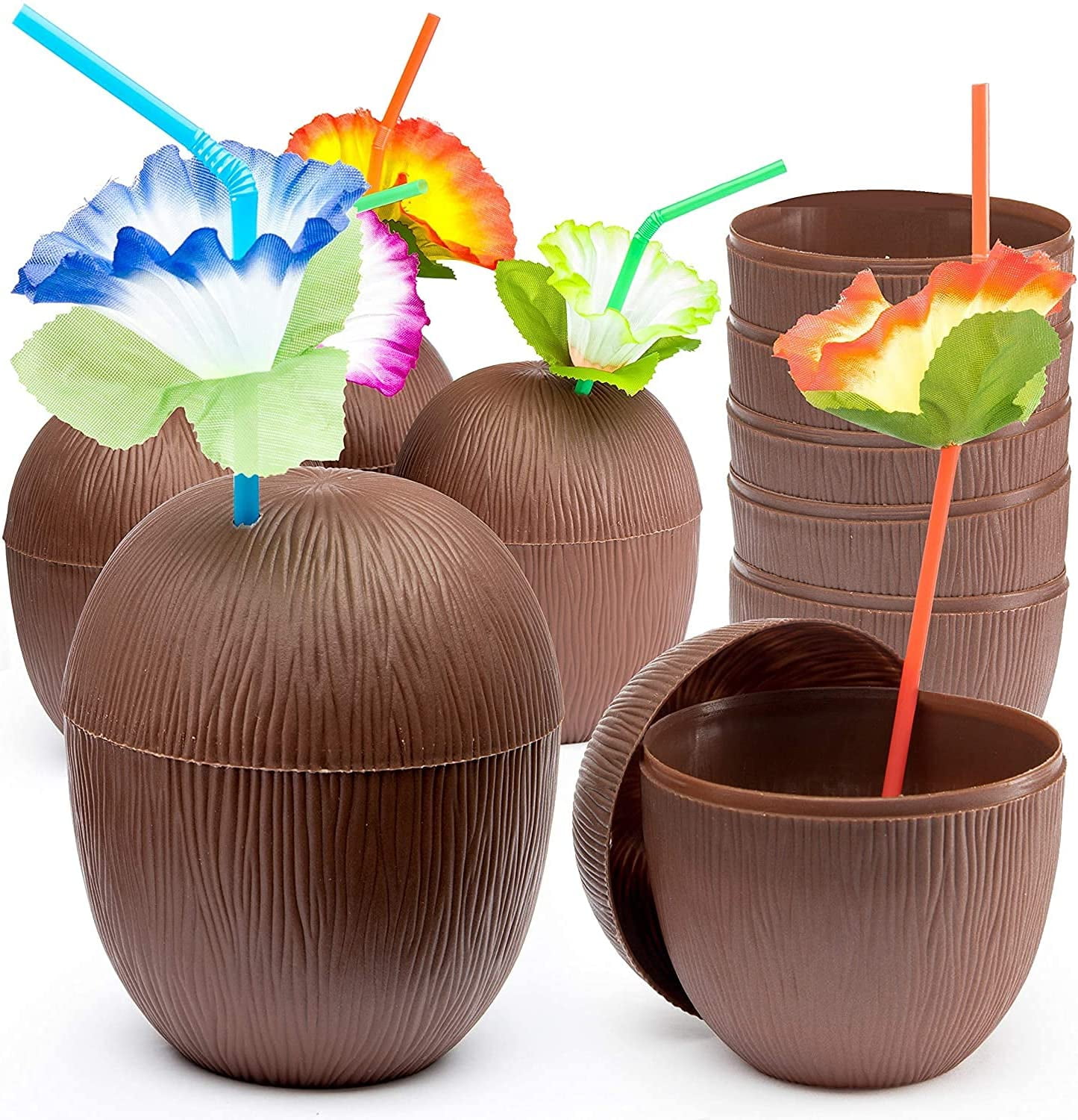 Prextex Coconut Cups for Hawaiian Luau Kids Party with Hibiscus Flower Straws - 12 Pack