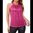 thumbnail image 3 of Tops de Lentejuelas con Cuello Halter para Mujer, Sin Mangas, Brillantes, Fruncidos, Fluidos y Brillantes, para Club, Fiestas. Rosa Roja L, 3 of 7