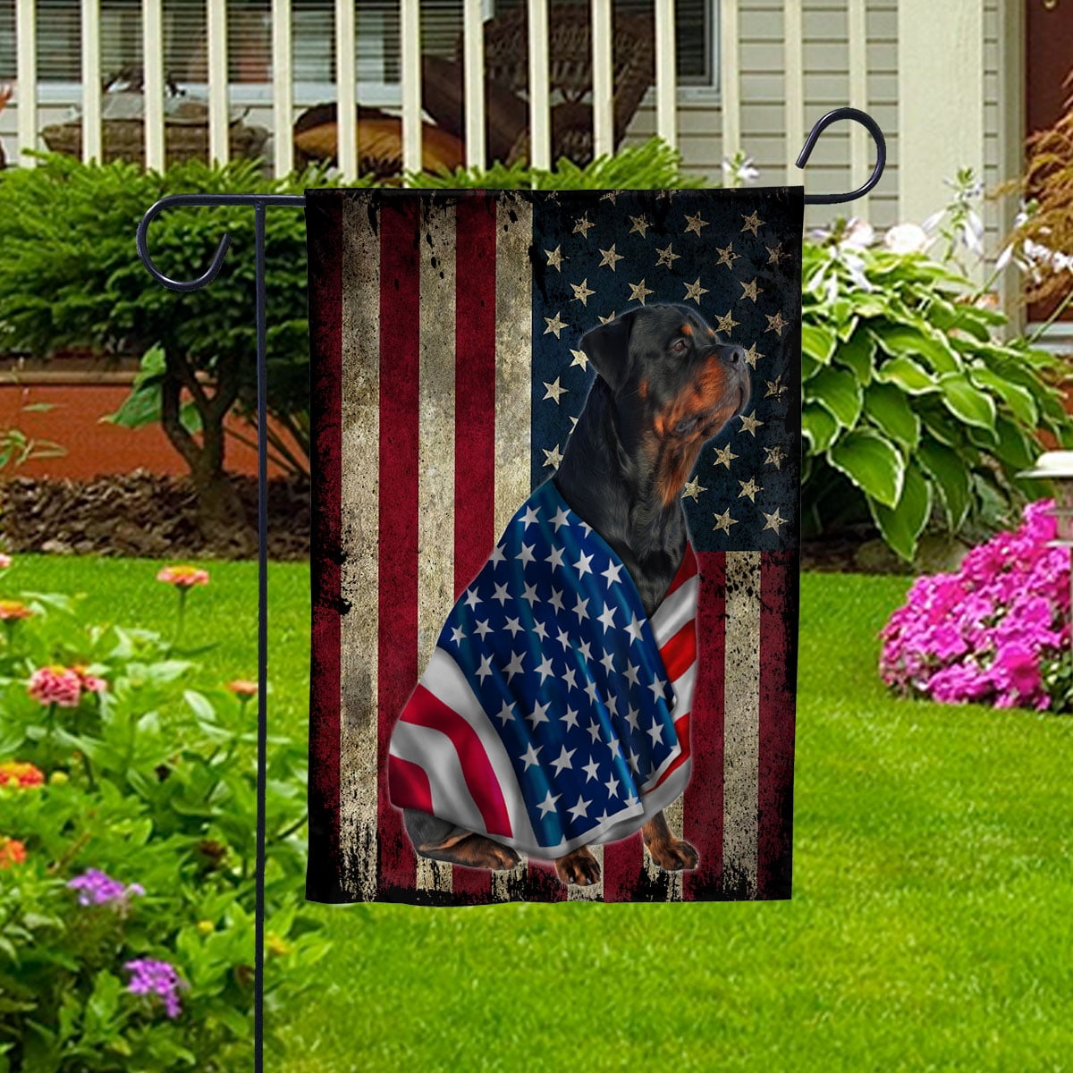 American Flag Rottweiler Dog Wearing Flag American Patriot Patriotic 4th of july Garden Flag, Double-Sided Decorative Outdoor Flag, Patriotic Polyester Yard Flag 12 x 18 in