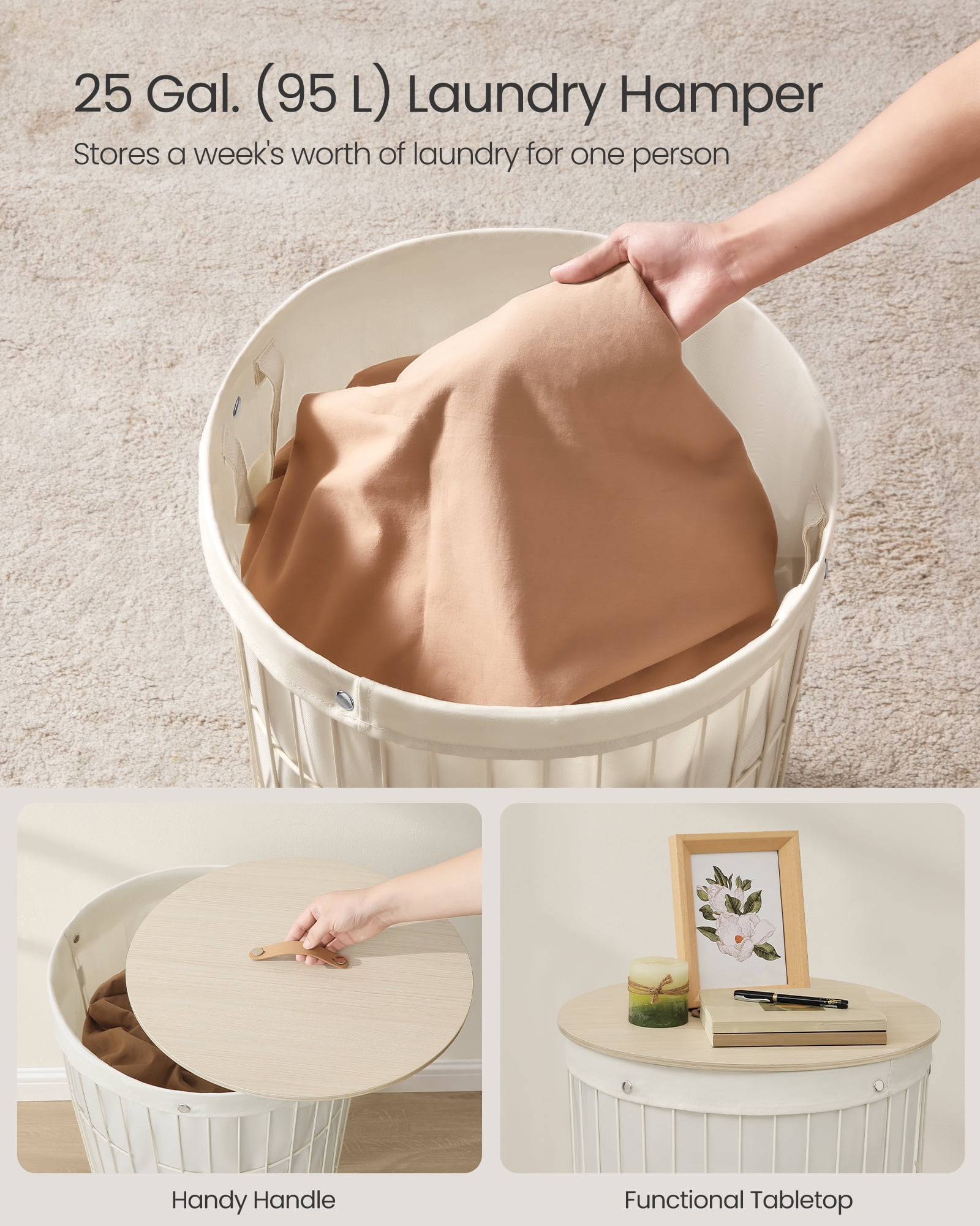 SONGMICS Laundry Hamper with Lid, Round, 25 Gallons (95 L), Versatile, Removable Fabric Liner, Large Capacity, Cream White